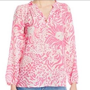 LILLY PULITZER 100% SILK ELSA SEMI SHEER TOP GET SPOTTED SIZE XXS PREPPY